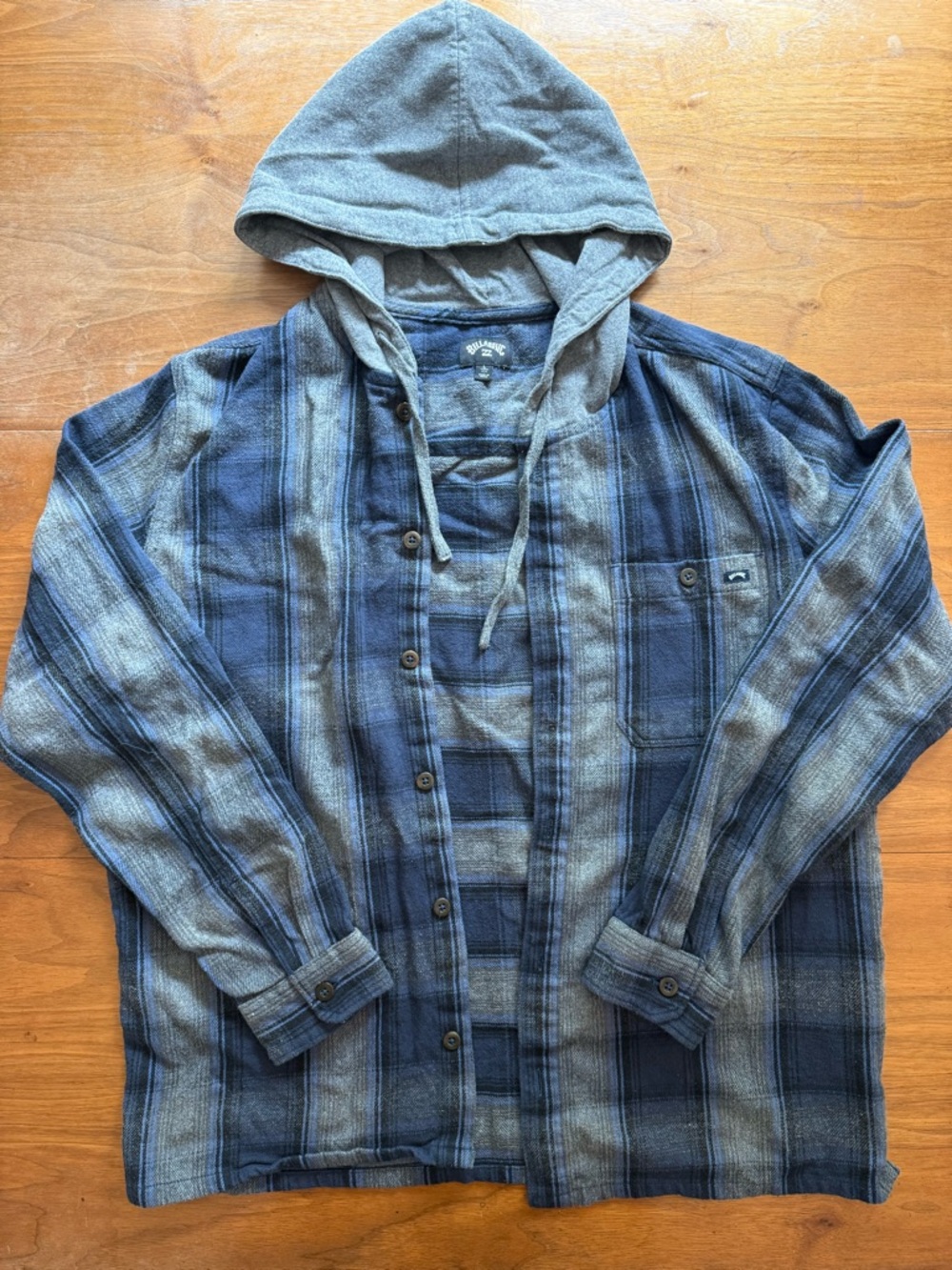 Billabong Gray and Blue Hooded Flannel Shirt